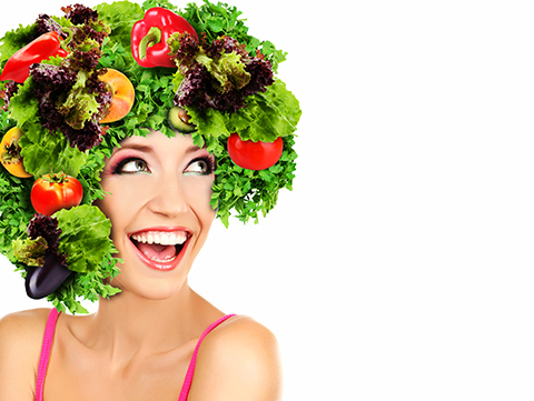 salad as a wig on woman