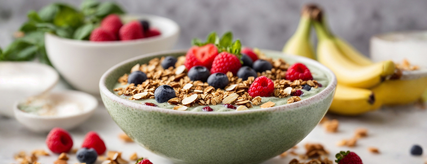 Healthy breakfast bowl with yogurt, oats, fresh berries, and bananas to support healthy digestion