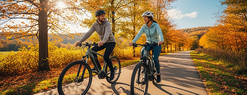 Couple riding bicycles on a tree-lined path on a sunny fall day